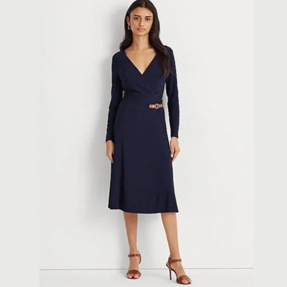 Lauren Ralph Lauren Navy Jersey Wrap Dress Size 2 Brown Leather Buckle